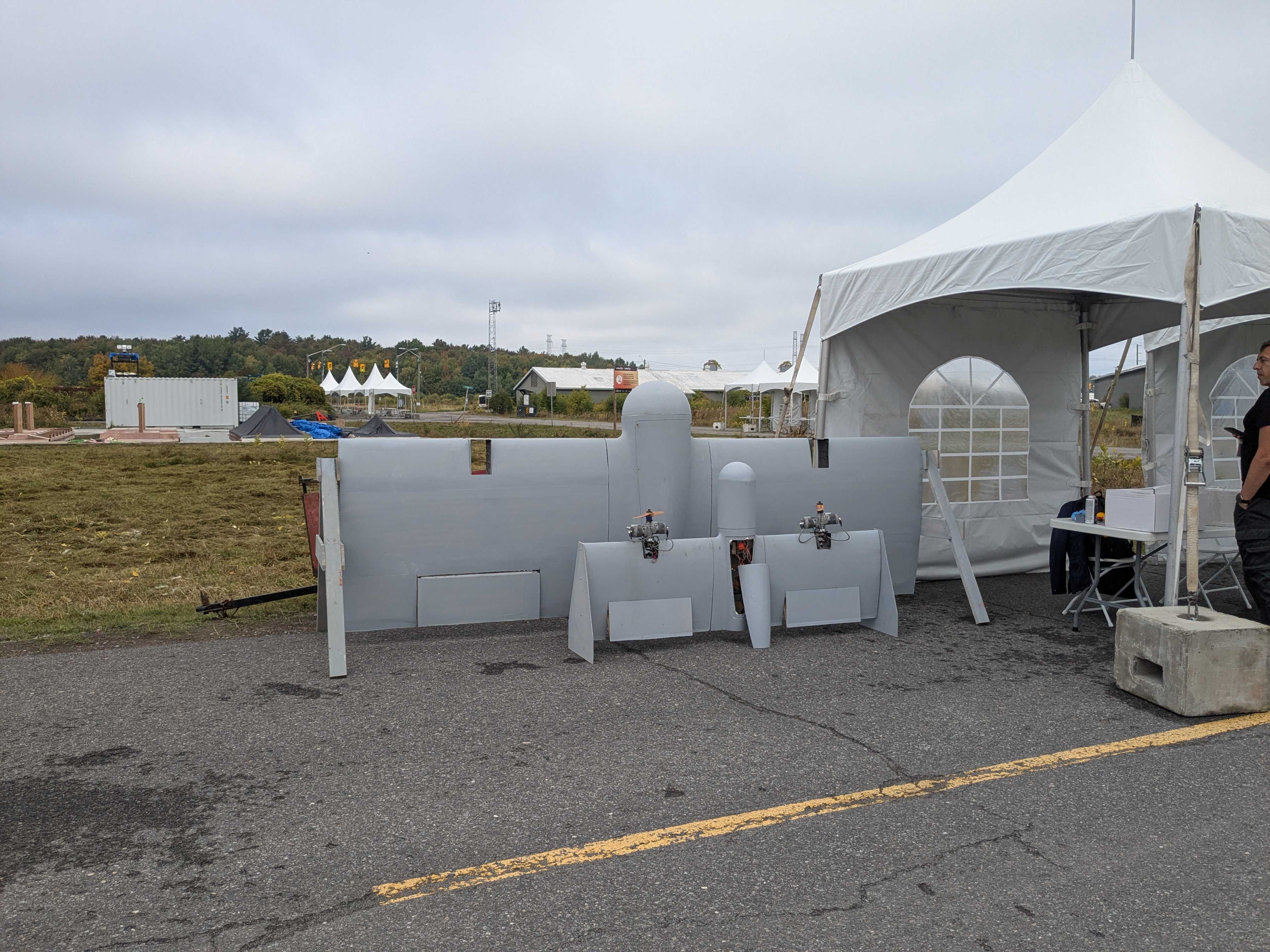 Pelican airframe on display at a public defense demonstration